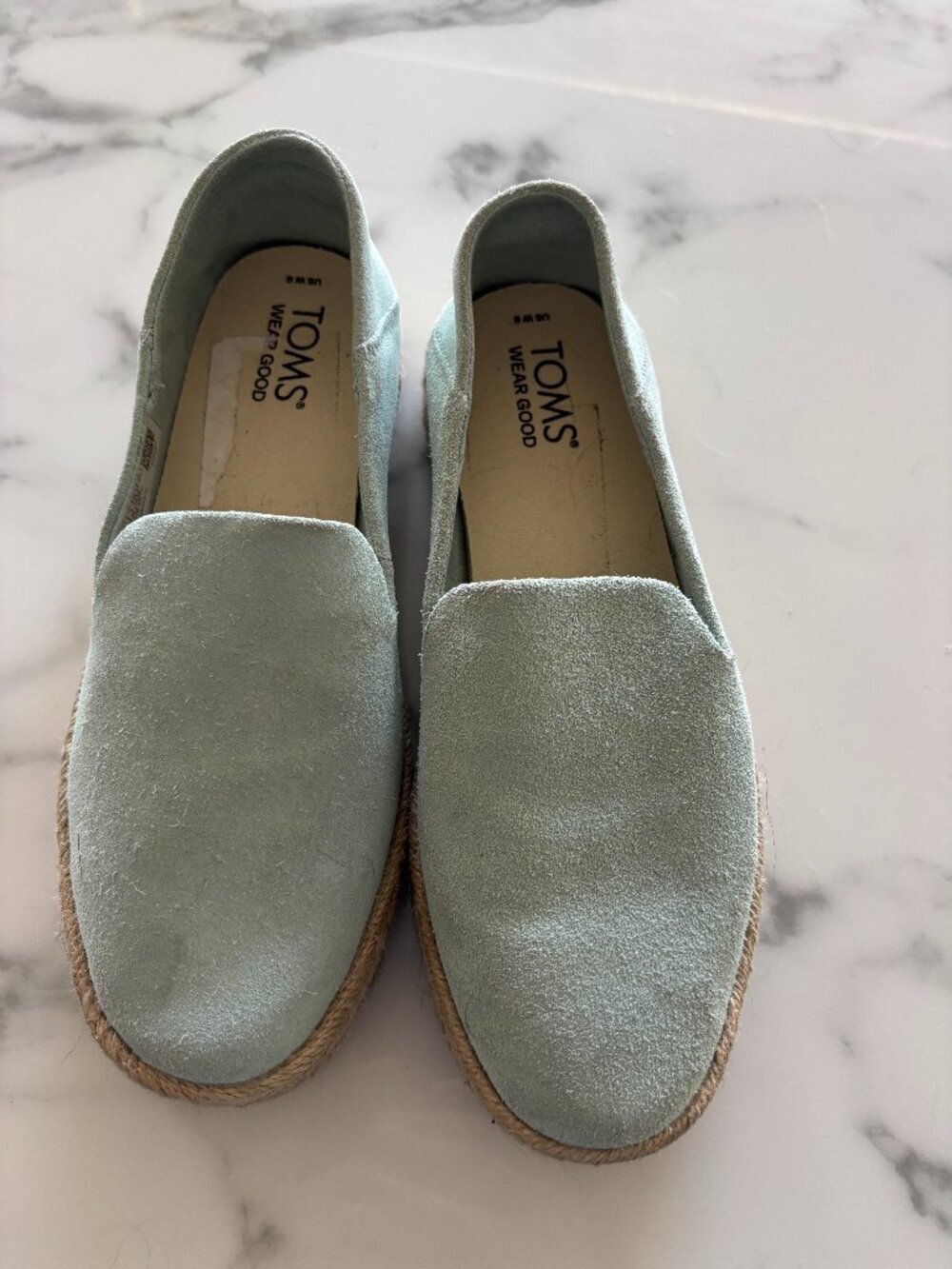 TOMS Suede Espadrille Platform Loafer Size 6 EU 36.5 Mint Sage Leather Upper